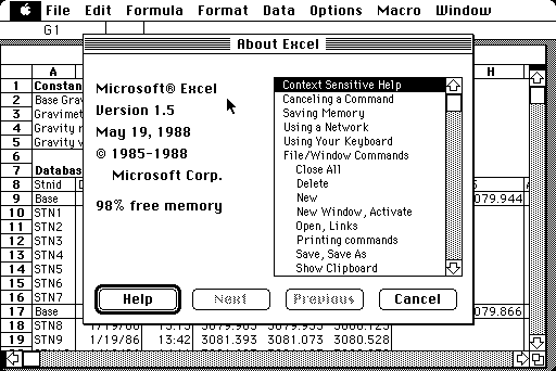 Microsoft Excel 1.5 for Mac Splash Screen (1985)